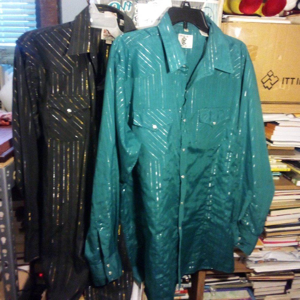 2 VINTAGE 90'S WESTERN DRESS SHIRTS SZ XL W/ THIN SILVER/GOLD LUREX PIN STRIPES